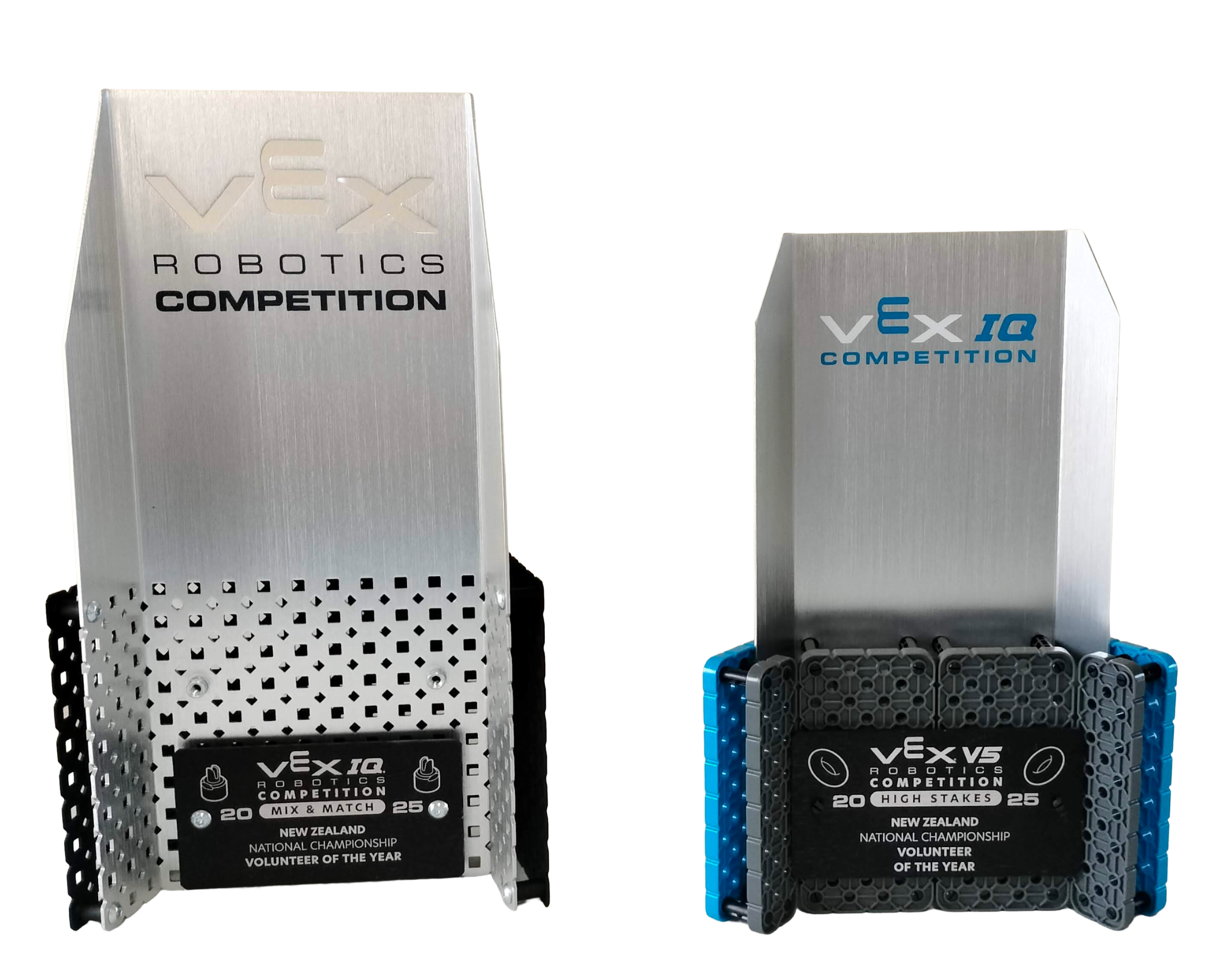 VEX New Zealand National Championship Volunteer of the Year trophies 2024-25 and 2025-26